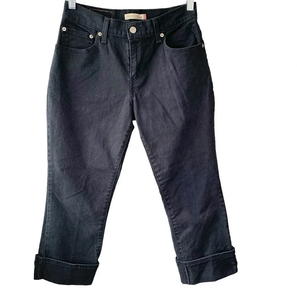 Levi's 550 Y2K Relaxed Bootcut Cropped Cuffed Black Denim Jeans Size 6S Stretch